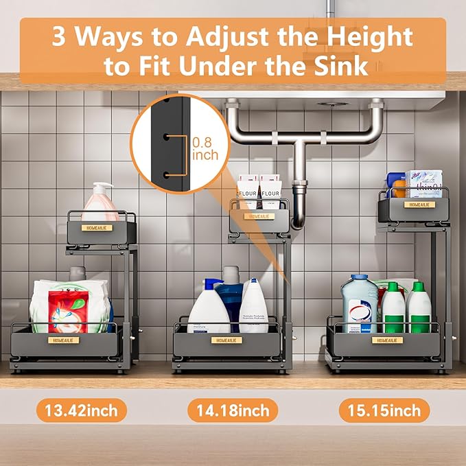 Under Sink Organizer, Height-Adjustable 2-Tier Under Kitchen Sink Organizer, Multi-Purpose Storage Shelf for Kitchen Bathroom Cabinet, Black