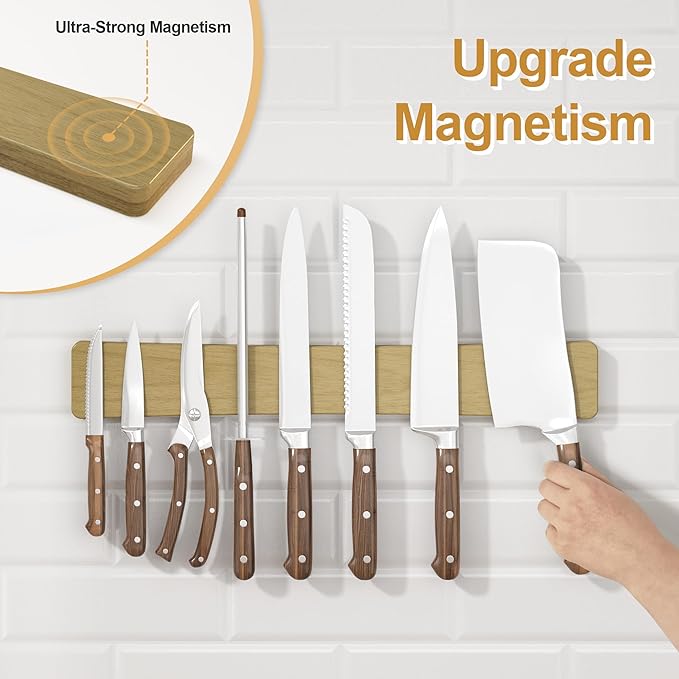 Magnetic Knife Holder for Wall, 16" Acacia Wood Knife Magnetic Strip No Drill Use as Tool Key Storage Knife Bar, Powerful Wall Mounted Knife Magnet for Refrigerator & Kitchen Utensil Organizer