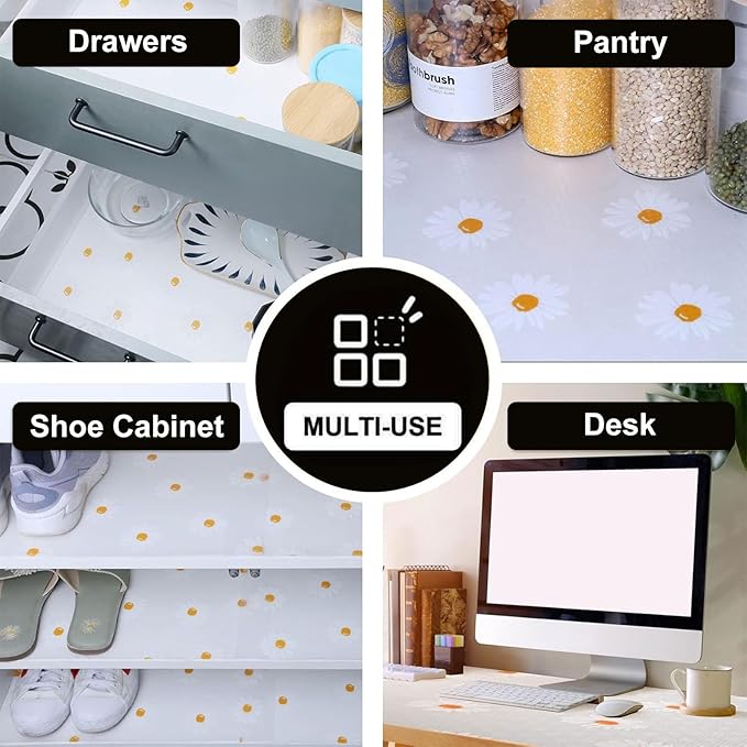 INNOLITES Shelf Liners for Kitchen Cabinets – Drawer Liner Waterproof & Oil-Proof, Non-Adhesive EVA with Floral Pattern – Durable Washable, Easy to Clean (Clean Daisy, 23.6" x 360")