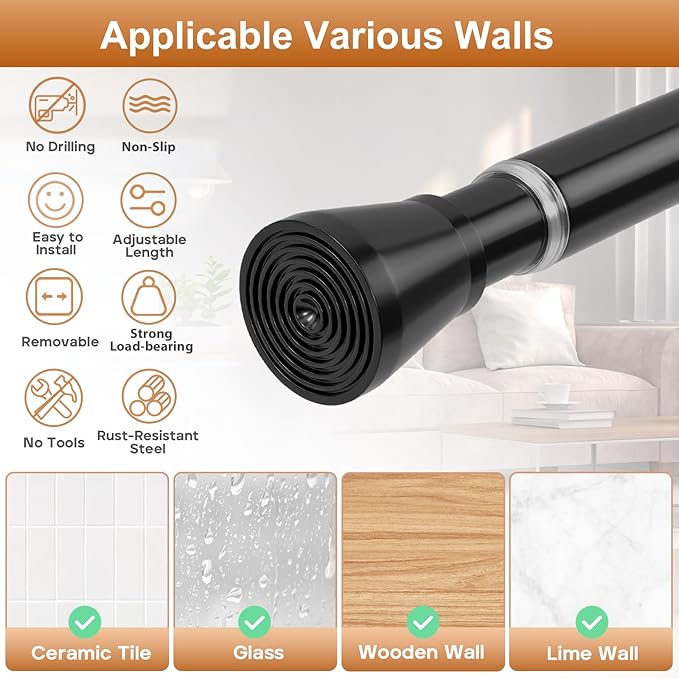 Spring Tension Curtain Rod for Windows 45 to 77 inch Black Long Tension rod Adjustable Spring Curtain Rods No Drilling Short Tension Rod for Kitchen, Closet, Bathroom, Bookshelf