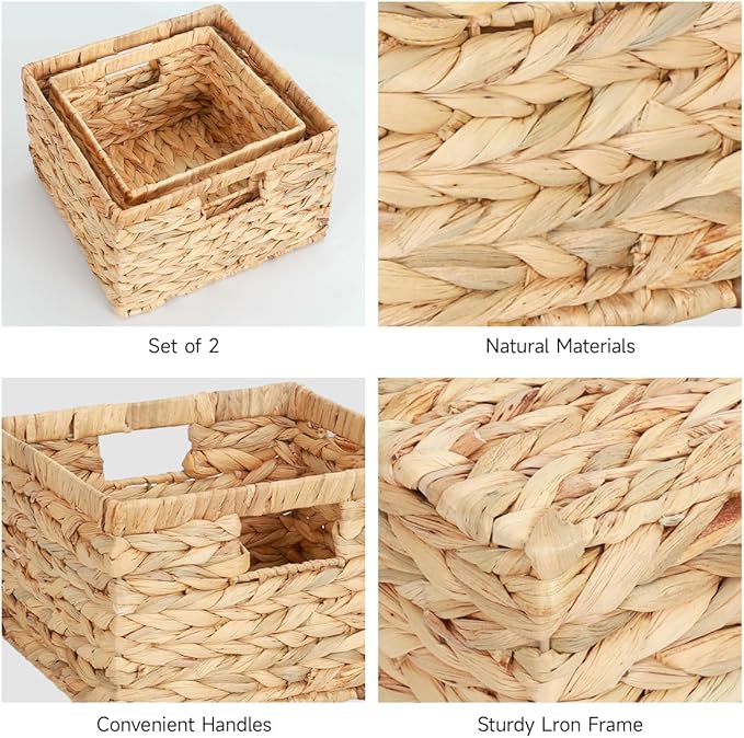 WEAVELYRICS Wicker Storage Baskets, Water Hyacinth Basket for Organizing, Rectangular Woven Storage Basket with Handles for Shelves, Pantry, Set of 2, Large and Small (Natural Hyacinth)