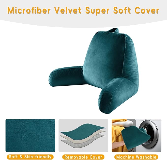 Reading Pillow for Sitting in Bed Adult, Reading Pillow with Shredded Memory Foam, Bed Pillow with Washable Cover, Back Pillow Sitting Up with Extend Arms, Prussian Blue, X-Large