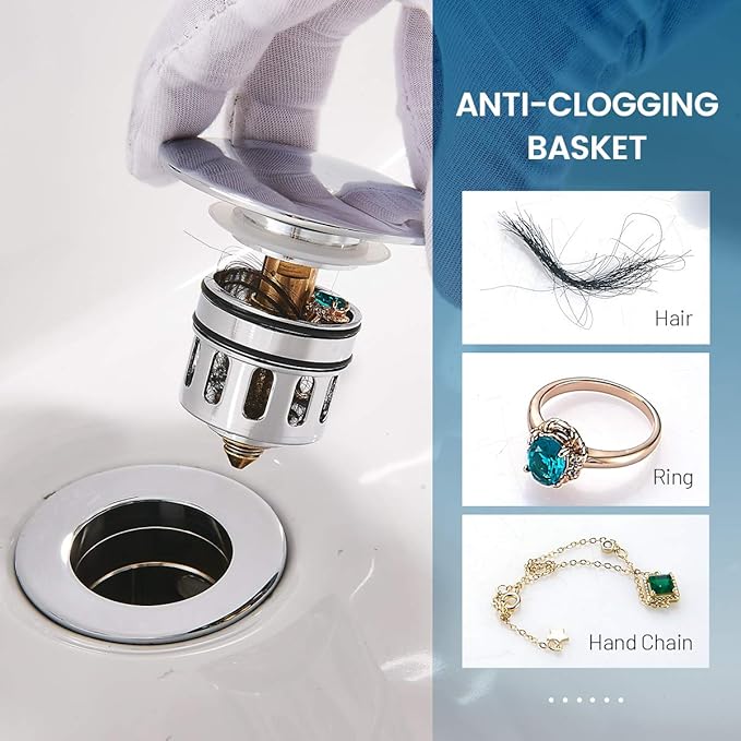 Bathroom Sink Drain, Vessel Sink Pop Up Drain with Detachable Basket Stopper, Anti-Explosion and Anti-Clogging Drain Strainer, Sink Drain Assembly Without Overflow Polished Chrome, REGALMIX RWF082A