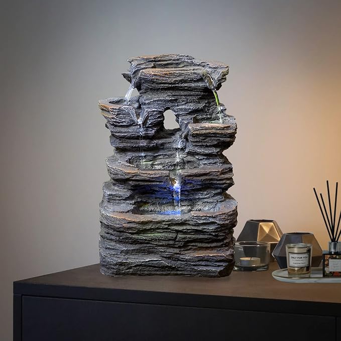 Ferrisland 5-Tier Cascading Tabletop Fountain with LED Lights - Indoor Water Fountain Decor Tabletop Small Relaxation Waterfall Feature Dark Gray