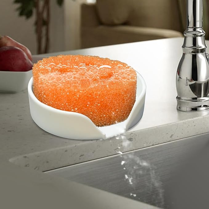 Sponge Holder for Scrub Daddy with Suction Cups and Drain Spout Kitchen Sink Caddy Organizer, Soap Dish Holder Accessories Rack, Dishwasher Safe - 4.7"x4.7", Marble White