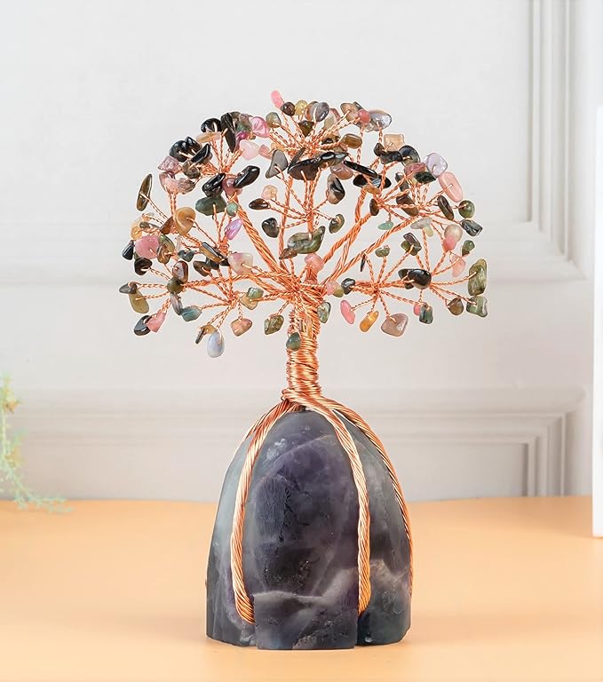 Multi Tourmaline Crystal Tree with Fluorite Rough Base Tree of Life Decor for Shelf, Bedroom, Birthday Gifts for Women, Sister Gifts, Birthday Gifts for Mom, Cute Home Decor Purple Decor Present