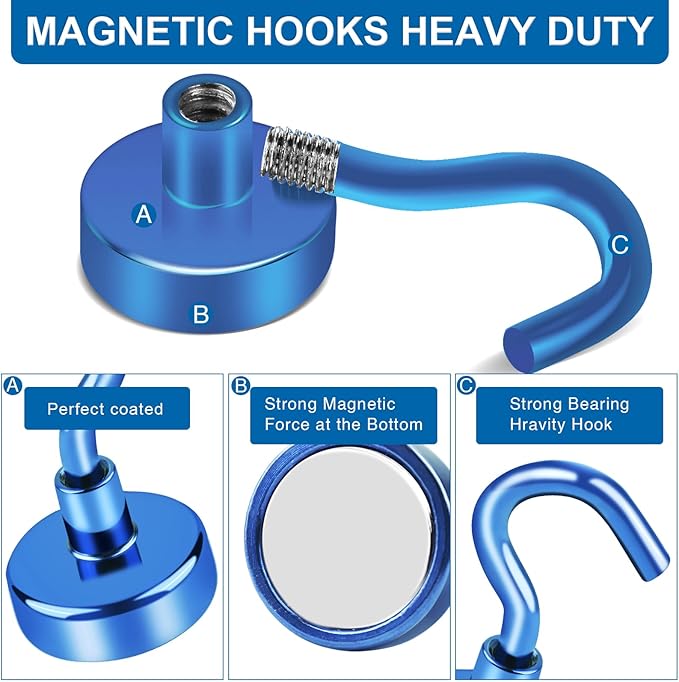 LOVIMAG Magnetic Hooks Heavy Duty, 170LBS Strong Magnets with Hooks for Cruise Cabins, Neodymium Magnet Hooks for Hanging, Blue Magnetic Hooks for Kitchen, Tool Room, Grill- 4 Pcs