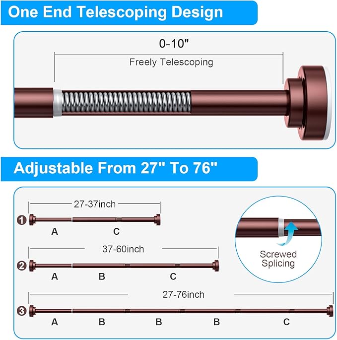TEECK Shower Curtain Rod, 27-76 inch Adjustable Spring Tension Curtain Rod, Never Rust Anti-Slip Shower Curtain Rod for Bathroom, No Drilling, Never Collapse, Easy to Use, Brown