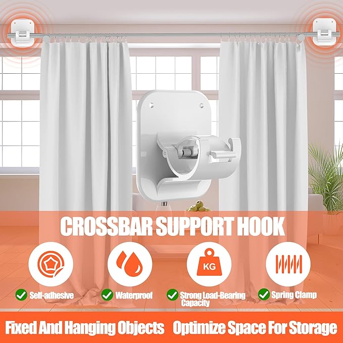 No Drill Curtain Rod Brackets No Drilling Holder 40LB - Renter Friendly Self Adhesive Hooks for Apartment Dorm Classroom Essentials Decor Hanging Drapes Rv Over Blinds Kitchen Bedroom Home