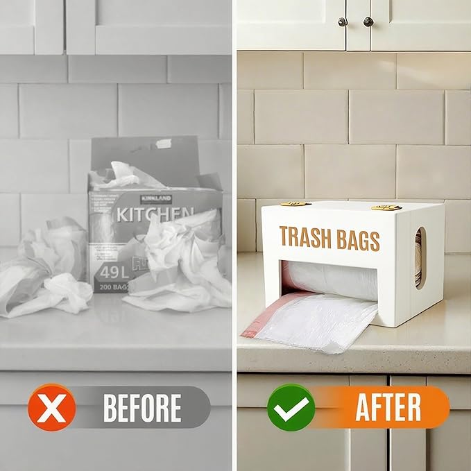 Libreshine Extra Large White Bamboo Trash Bag Holder Dispenser, Fits Costco & Sam's Club Jumbo Rolls, Under-Sink, Cabinet & Wall Mount Organizer, Garbage Bag Storage for Kitchen, Pantry, Garage