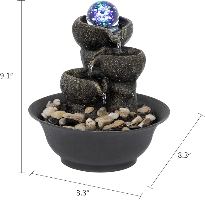 Ferrisland Tabletop Waterfall Fountain - 3-Step Modern Water Fountain with LED Light for Office Desktop Decor