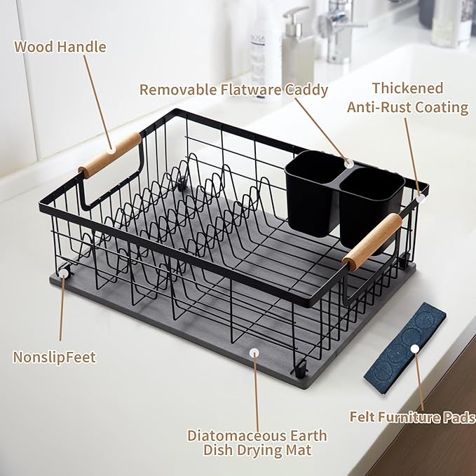 Lalaunicky Dish Drying Rack with Stone Drying Mat, Dish Drainer and Diatomaceous Earth Dish Mat, Dish Drainers for Kitchen Counter with Stone Dish Mat