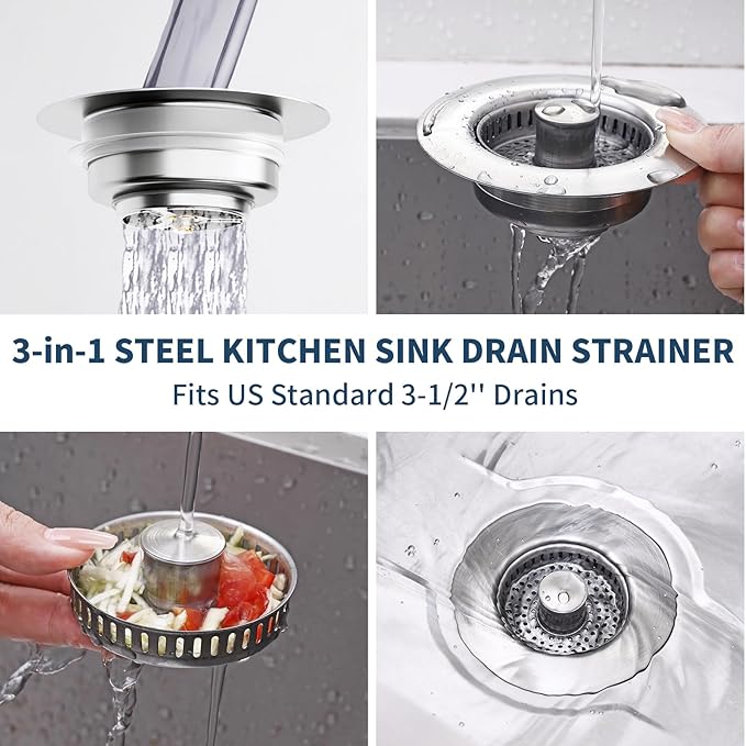 2 Pack – 3-in-1 Kitchen Sink Drain Strainer Stopper, 304 Stainless Steel Pop Up Sink Plug with Removable Filter Basket, Fits 3-1/2” US Standard Drain, Anti-Clog, Rustproof, Odor Blocker