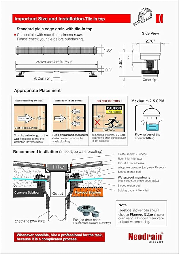 Neodrain 32-Inch Linear Shower Drain,with 2-in-1 Flat & Tile Insert Shiny Black Cover, Rectangle Shower Floor Drain, Floor Shower Drain with Adjustable Leveling Feet, Hair Strainer