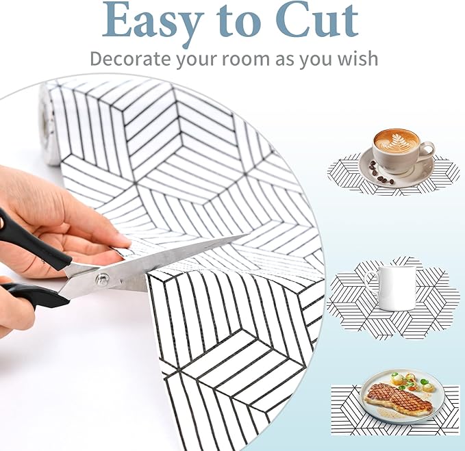 Shelf Liners for Kitchen Cabinets Non Adhesive Shelf Liner Paper Non-Slip Thickened Drawer Liner Easy to Clean for Tool Box Refrigerator with Knife and Tape Measure, Black Geometric, 11.8 x 118 in