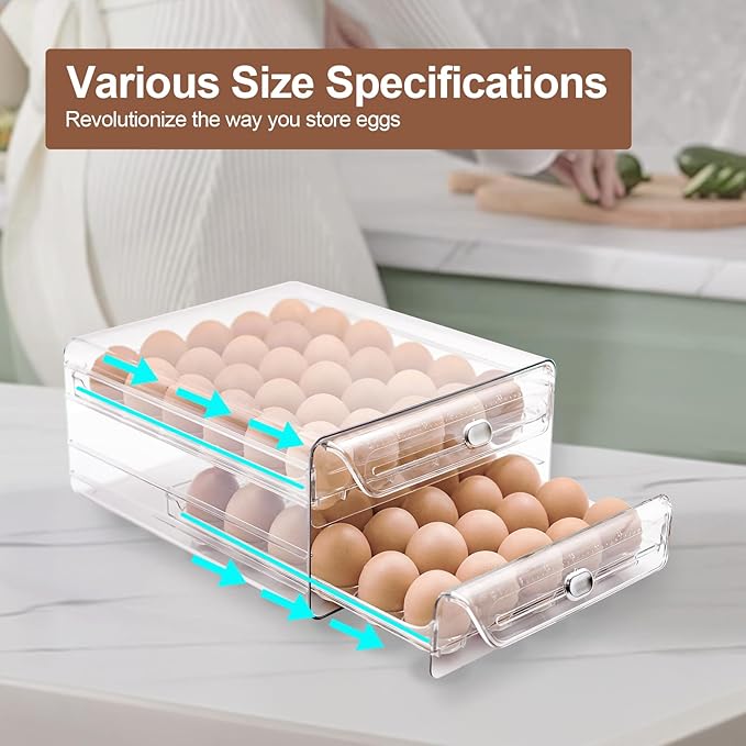 MFBJXC Egg Holder for Refrigerator,60 Eggs Clear Drawer Organizer,2 Layer Stackable Egg Holder Egg Trays,Egg Storage Container with Time Scale for Fridge Countertop Cabinet