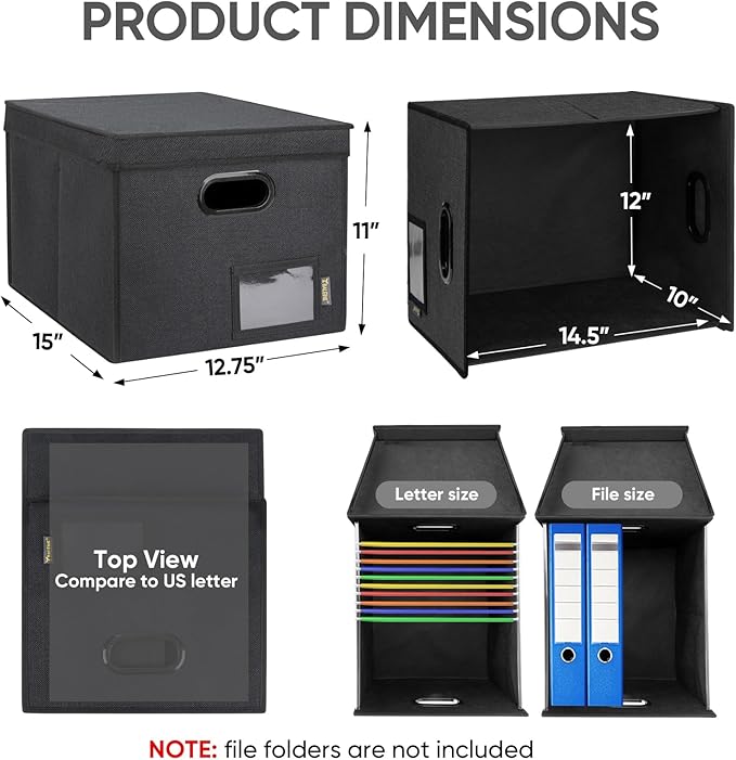 BALEINE File Organizer Box with Lid, Collapsible File Folder Organizer with Plastic Slide, Hanging File Folder Box for Office Document Storage (Tab Friendly, 2 Pack, Black)