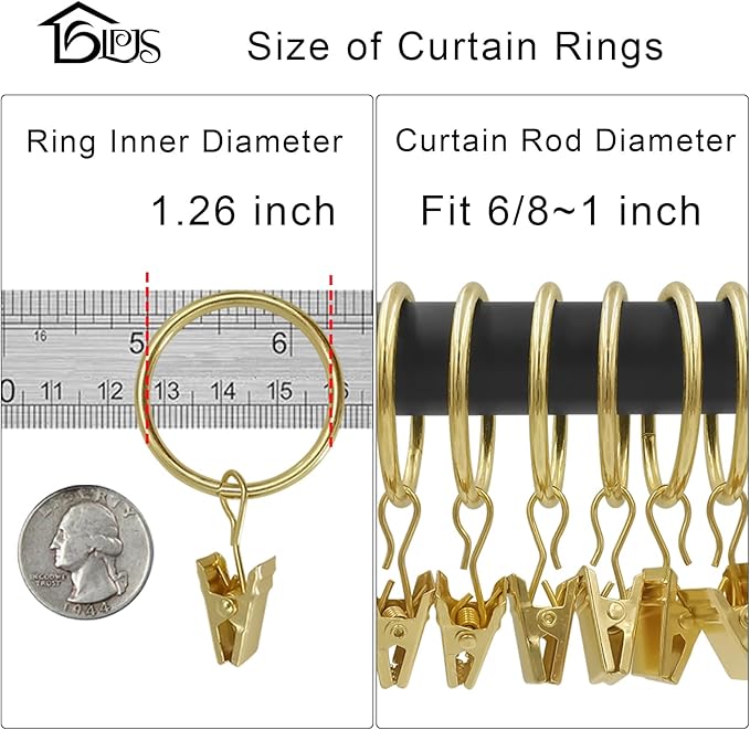 100 Pack Curtain Rings with Clips, Curtain Clip Rings Hooks, Bow Hanger Clips for Hanging Drapery Drapes Bows, Ring 1.26 inch Interior Diameter, Fits up to 1" Rod, Gold