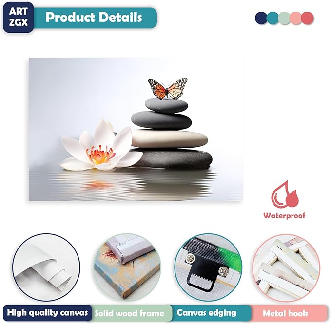ARTZGX Zen Canvas Wall Art Spa Pictures Wall Decor Flower Zen Stones Butterfly Painting Print for Bathroom Yoga Decor Frame(Zen Flower - A 16.00" x 24.00")