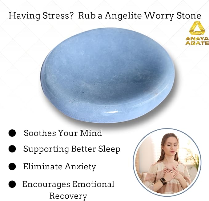 Angelite Worry Stones – Crystal Thumb Worry Stone for Anguish, Stress – Relaxing & Soothing Balance Stones for Meditation, Stress Relief – Healing Stones & Crystals for Men, Women