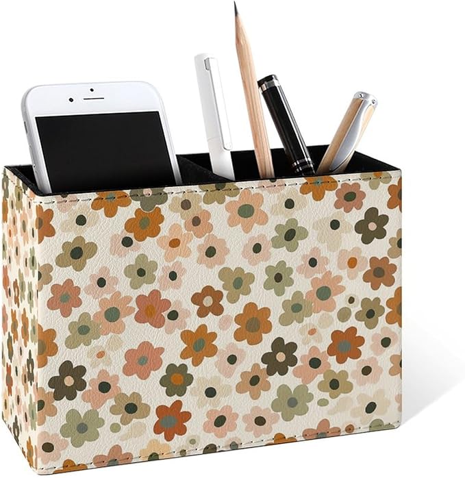 Famame Small Flowers Pattern Vintage Pencil Holder for Desk, Leather Desktop Container Pen Cup Storage Study Table Pen Organizer Makeup Brush Holder for Classroom Office Home