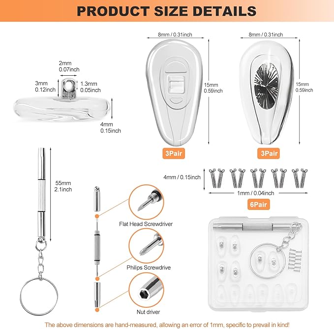 Eyeglass Nose Pads, 6 Pairs Screw-in Glasses Repair Kit with Screwdriver and Small Screws, Thick Silicone Nose Pads with Air Chamber