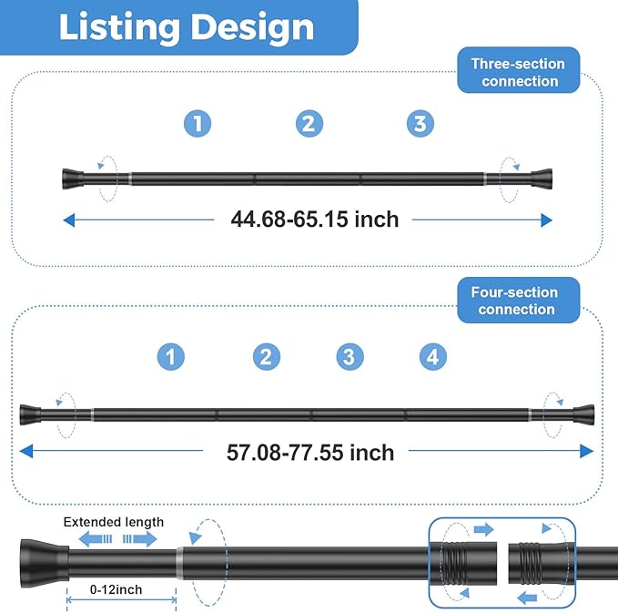 Shower Curtain Rod 45-77 Inch Black Shower Tension Rod Adjustable Curtain Rod No Drilling Tension Curtain Shower Rods for Bathroom Windows