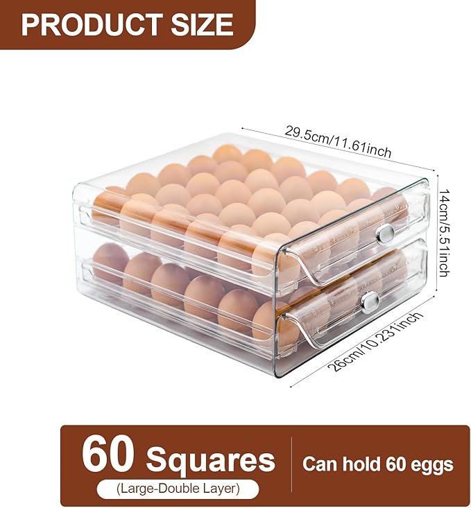 MFBJXC Egg Holder for Refrigerator,60 Eggs Clear Drawer Organizer,2 Layer Stackable Egg Holder Egg Trays,Egg Storage Container with Time Scale for Fridge Countertop Cabinet