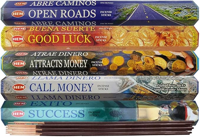 Hem Incense Sticks Variety Pack #5 and Incense Stick Holder Bundle with 5 Money and Success Themed Fragrances