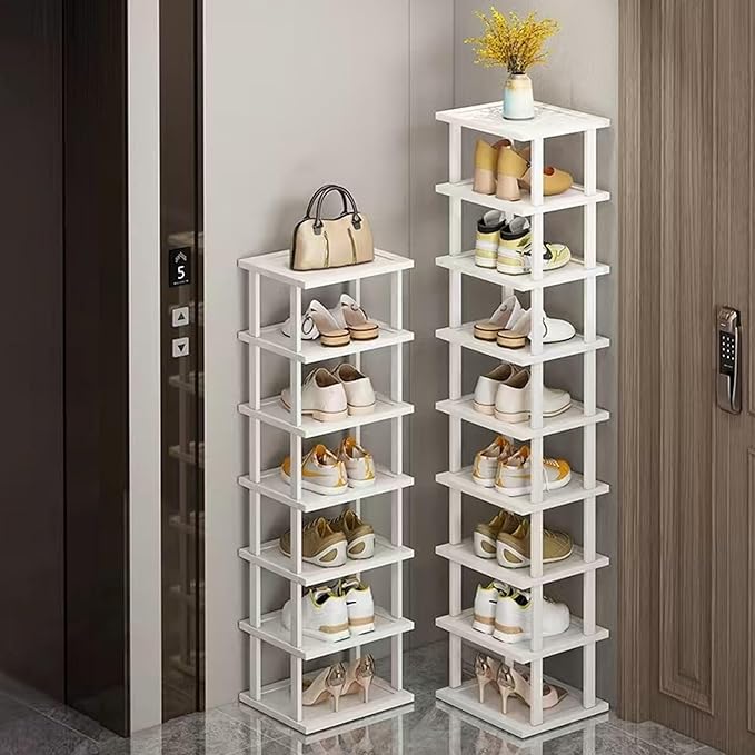 SAN HE Bamboo Shoe Rack 17 Tier- Vertical Shoe Rack for Small Spaces, Tall Narrow Shoe Rack Organizer for Closet Entryway Corner Garage and Bedroom,Skinny Shoe Shelf with Free Stackable DIY