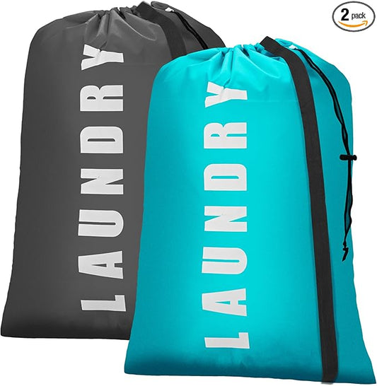 Isink Heavy Duty Laundry Bag with Strap,2 Pack Travel Laundry Bags for Dirty Clothes,24" x 36" Large Laundry Bag for Traveling,Camping,Dorm (Cyan + Gray)