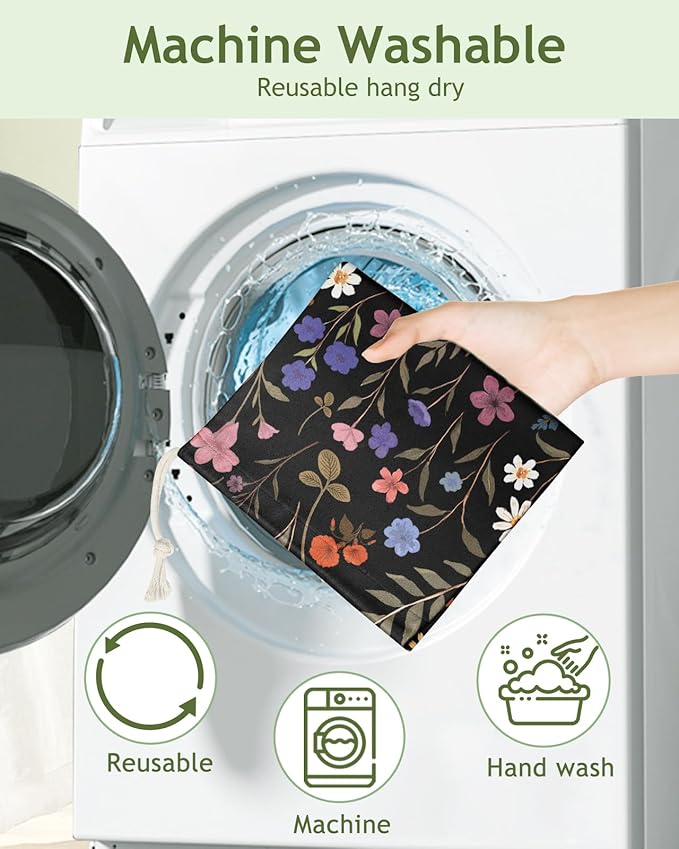 Kokaaee Plastic Bag Holder Organizer - 1 Pack Reusable Canvas Grocery Bags Holder Hanging Wall Cute Aesthetic Shopping Bag Storage Dispenser with Drawstring Closure for Kitchen Home, Black Floral