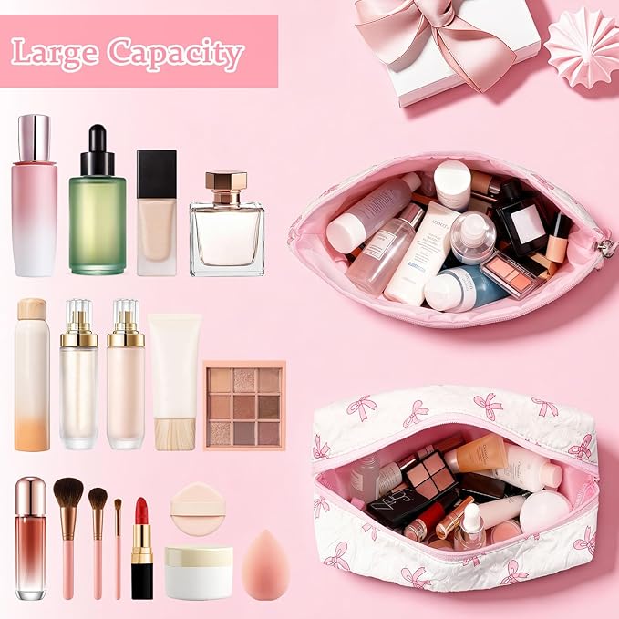 Initial Makeup Bag, Christmas Gifts for Women Teens Girls Birthday Gift Personalized Bow Cosmetic Bag, Quilted Cosmetic Travel Toiletry Pouch, Cute Makeup Organizer Teen Girl Gifts Trendy Stuff, K