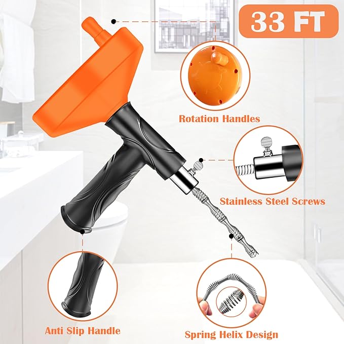 33 Feet Drain Snake Auger, Plumbing Snake Drain Hair Clog Removal Tool, Heavy Duty Toilet Snake Auger, Sink Unclogger Drain Cleaner Tool for Bathroom Kitchen Tub Shower with Gloves