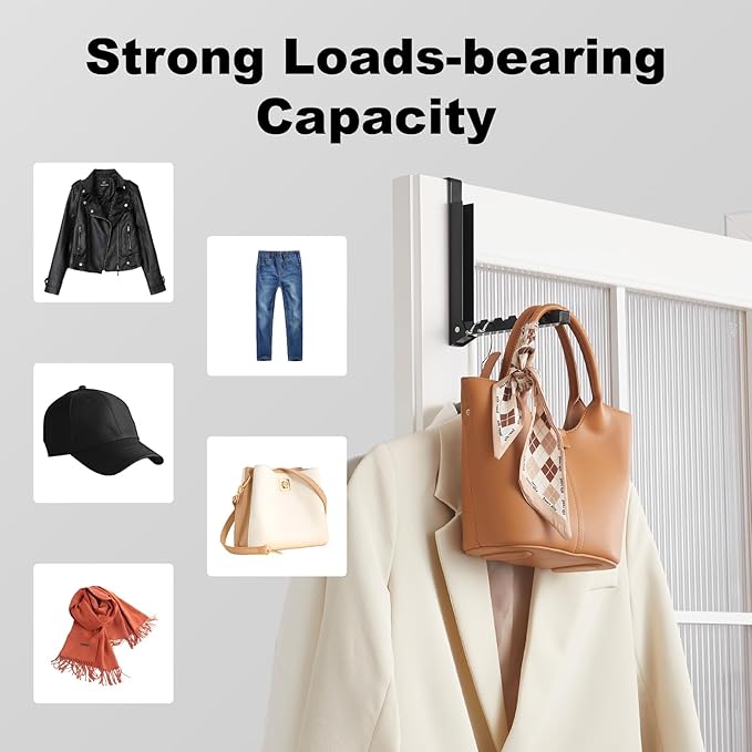 YAZYBHA Over The Door Hooks Hanger for Clothes, 1 Pack Foldable Over The Door Drying Rack for Laundry, Overdoor Hanger Hook with 6 Grooves for Towel, Coat, Black