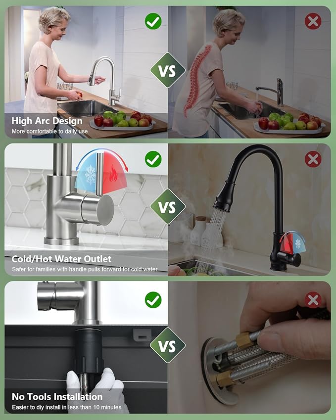 Kitchen Faucet with Pull Down Sprayer, VFAUOSIT Lead-Free Kitchen Sink Faucet Brushed Nickel Stainless Steel High Arc Pull Out Single Hole Kitchen Faucets for Pot Filler, Farmhouse RV Bar Laundry Room