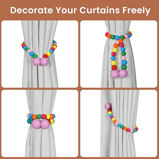 KLOGTSIND Magnetic Curtain Tiebacks, Curtain Tie Backs for Curtains 6 Pack, Wood Bead Curtain Tiebacks, Curtain Holders for Boho Bedroom Decor, Baby Nursery Decor, Farmhouse Décor
