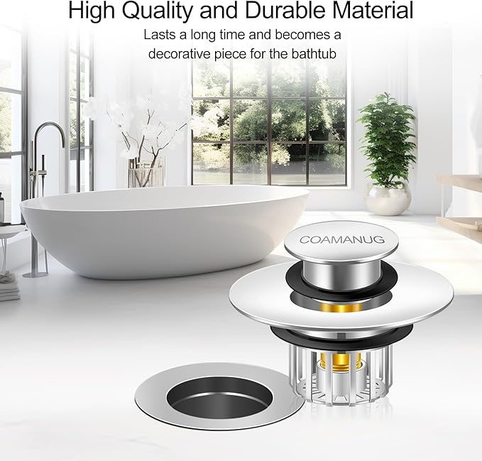 COAMANUG Bathtub Stopper | Shower Drain Hair Catcher, Pop-up Tub Stopper with Strainer | Pop-up Bathtub Drain Plug | Drain Protector for 1-1/2 to 1-3/4" Bath Drain Hole- Pearl Chrome