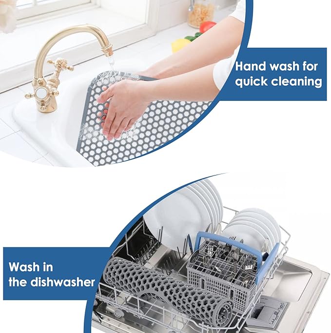 Silicone Kitchen Sink Protector Mat with Rear Drain - 13.58''x 11.6'' Kitchen Sink Accessory, Folding Non-Slip Heat Resistant Mat Grid for Bottom of Stainless Steel Porcelain (Rear Hole)