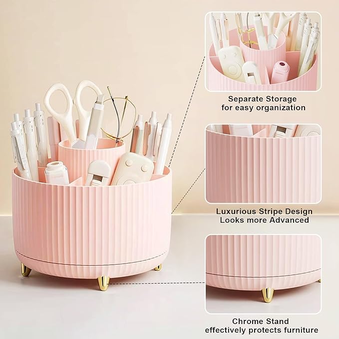 Diesisa Makeup Brush Holder Organizer, 360° Rotating Makeup Brush Organizer, 5 Slot Makeup Brushes Cup for Cosmetics, Nail Polish, Art Supply, Bathroom Vanity Desktop Organizer - Pink