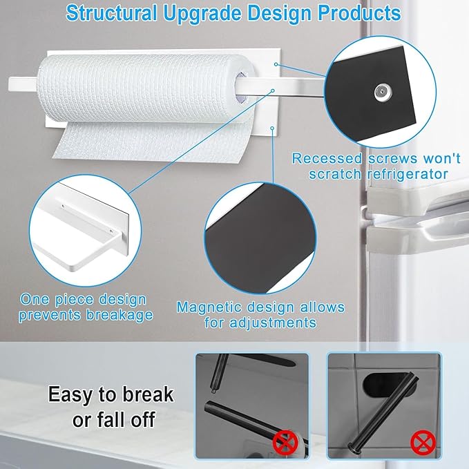Paper Towel Holder Magnetic, Magnetic Paper Towel Holder for Fridge, Toilet Paper Roll Holder Magnet Towel Rack Wall Mount Shelf Bar for Towels Rolls Home Kitchen RV Dorm Wall Decor, White 2 Pack