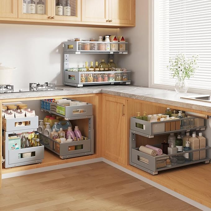 2 Packs 19IN Depth Under Sink Organizer, 2-Tier Pull Out Cabinet Organizer With Smooth Circular Rail, Large Capacity Metal Mesh Sliding Drawers For Bathroom& Kitchen Storage, Height Adjustable–Gun Gray