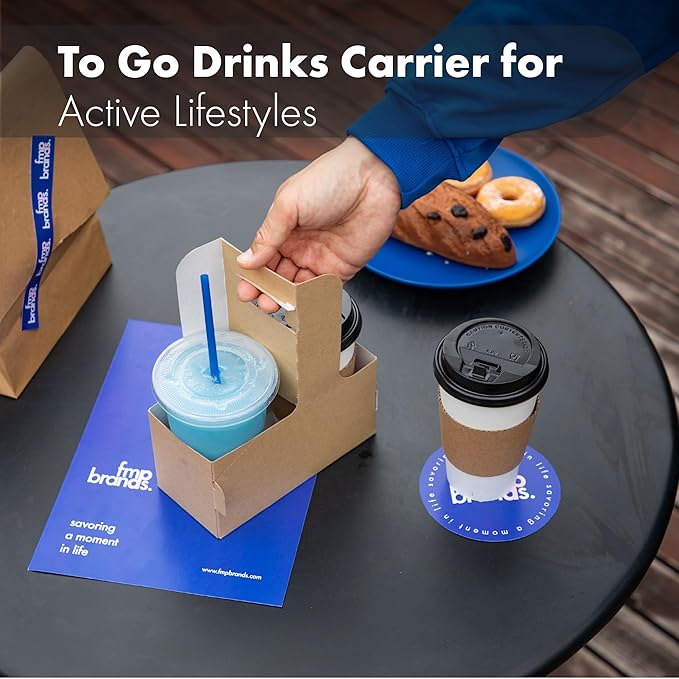FMP Brands 2 Cup Disposable Drink Carrier with Handle, 60 Pack Kraft Paperboard Handled Drink Carriers 12-30 oz to Go Coffee Cup Holder, Cup Carrier for Cold Hot Drinks, Valentine Mother's Day