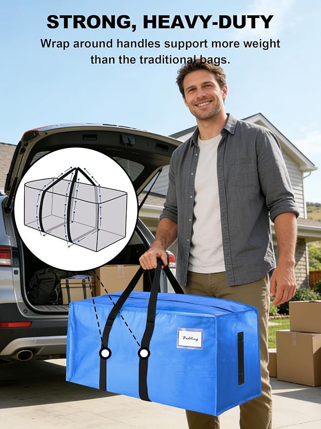 HOMESURE Supports 200lbs Heavy Duty Moving Bags - Strong Zipper & Wrap-Around Handles - Water-Resistant Storage Totes, Durable Alternative to Moving Boxes - 12 Pack - Sky Blue