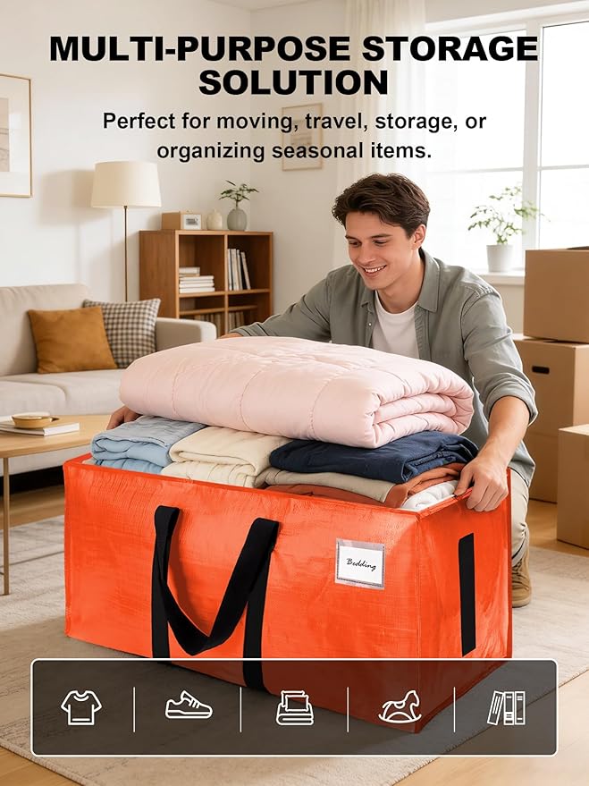 HOMESURE Supports 200lbs Heavy Duty Moving Bags - Strong Zipper & Wrap-Around Handles - Water-Resistant Storage Totes, Durable Alternative to Moving Boxes - 12 Pack - Orange