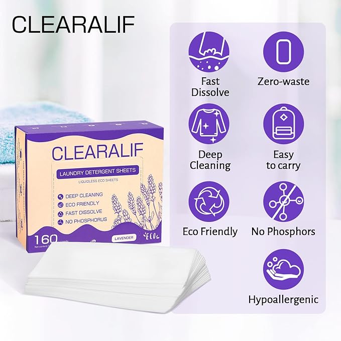 Laundry Detergent Sheets (160 Sheets), Lavender,Up to 320 Loads - Great For Travel,Apartments, Dorms,CLEARALIF Laundry Detergent Strips Eco Friendly & Hypoallergenic (80 Count, Pack of 2)