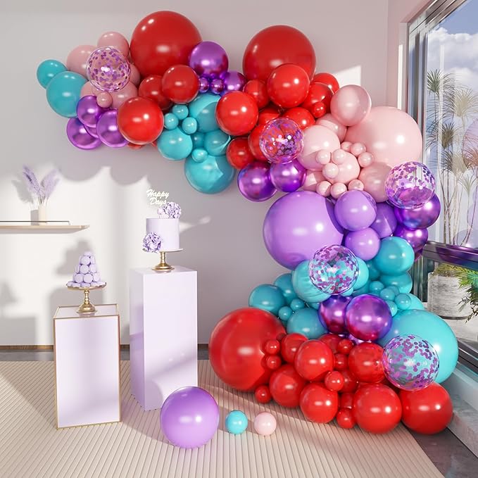MEBAY Red Purple Teal Balloon Garland kit, 156 Pcs Metallic Purple Pastel Pink and Confetti Purple Balloons Arch for Teenage Girl Birthday Gymnastics Music Fans Theme Party Decoration