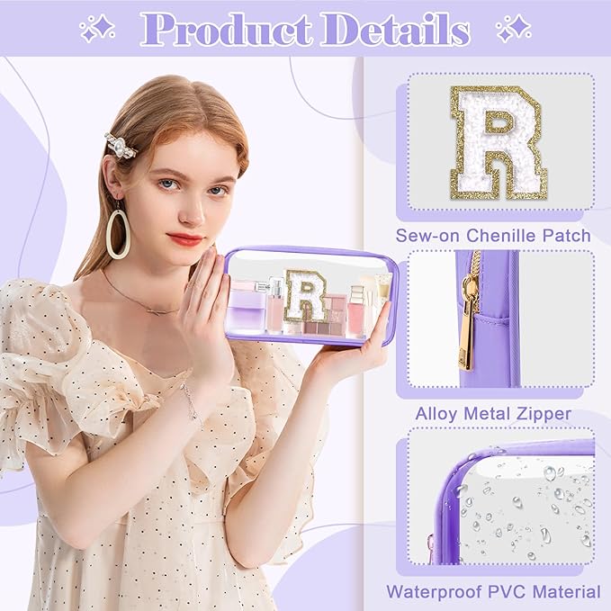 Personalized Initial Letter Clear Makeup Bag, Preppy Small Nylon&PVC Cosmetic Zipper Bag with Chenille Letter, Travel Skincare Toiletry Bag, Monogram Christmas Gift for Teen Girls Women, R