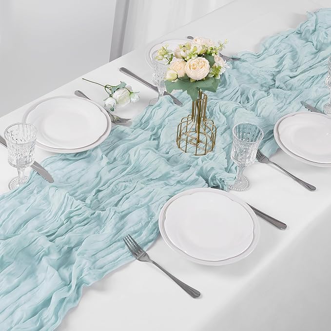 Bailarina 25 Pack Cheesecloth Table Runner 17x108 Inch Long Gauze Cheese Cloth 9ft Wrinkled Sheer Table Runner for Wedding Reception Birthday Party Table Decoration (Light Blue)
