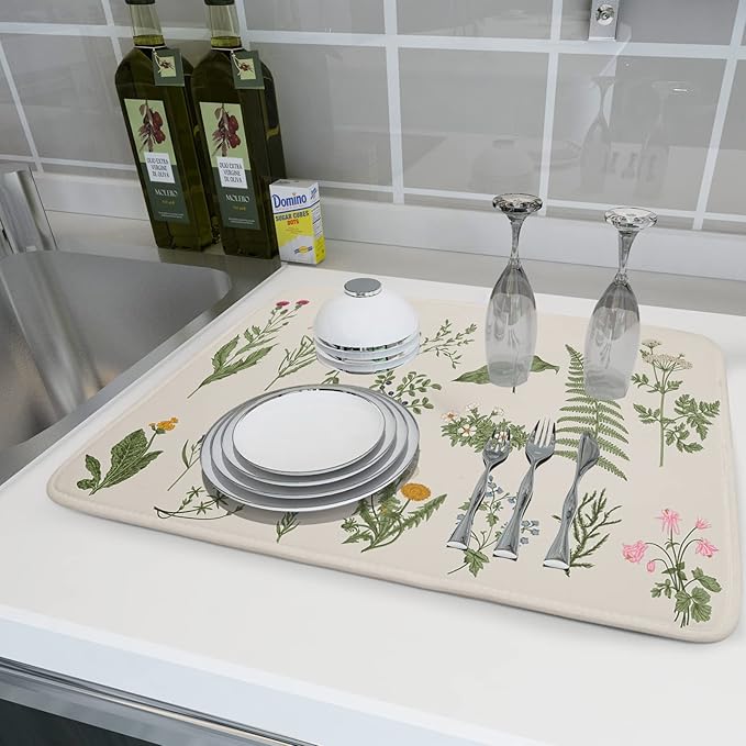 Sage Flower Herbs Dish Drying Mat For Kitchen Counter 16x18 In Green Leaves Microfiber Absorbent Dishes Pad Wild Plant Herbs Drying Pad Dish Drainer Rack Absorbent Fast Dry Kitchen Accessories